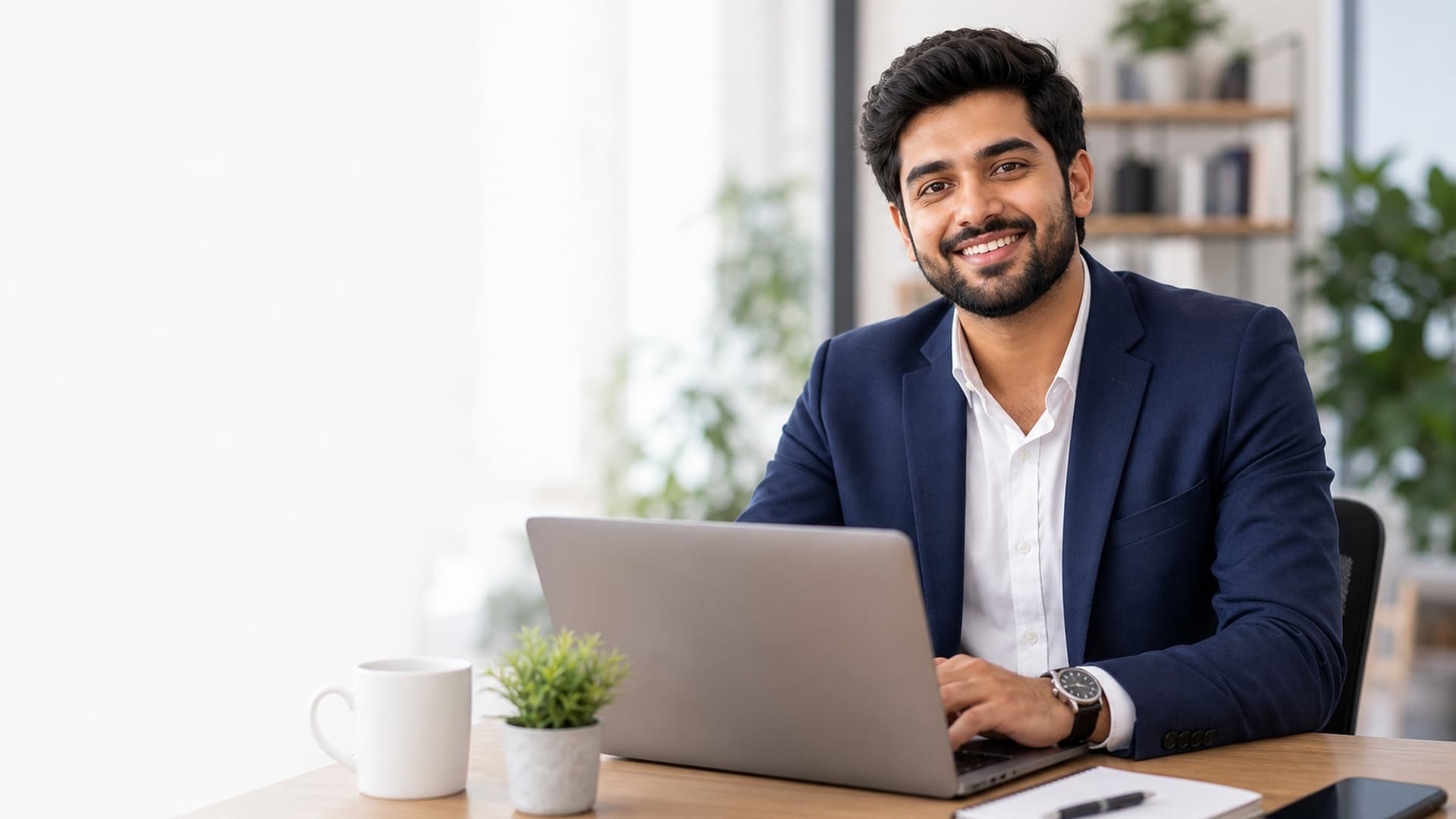Indian entrepreneur in a navy blazer working on a laptop in a modern office